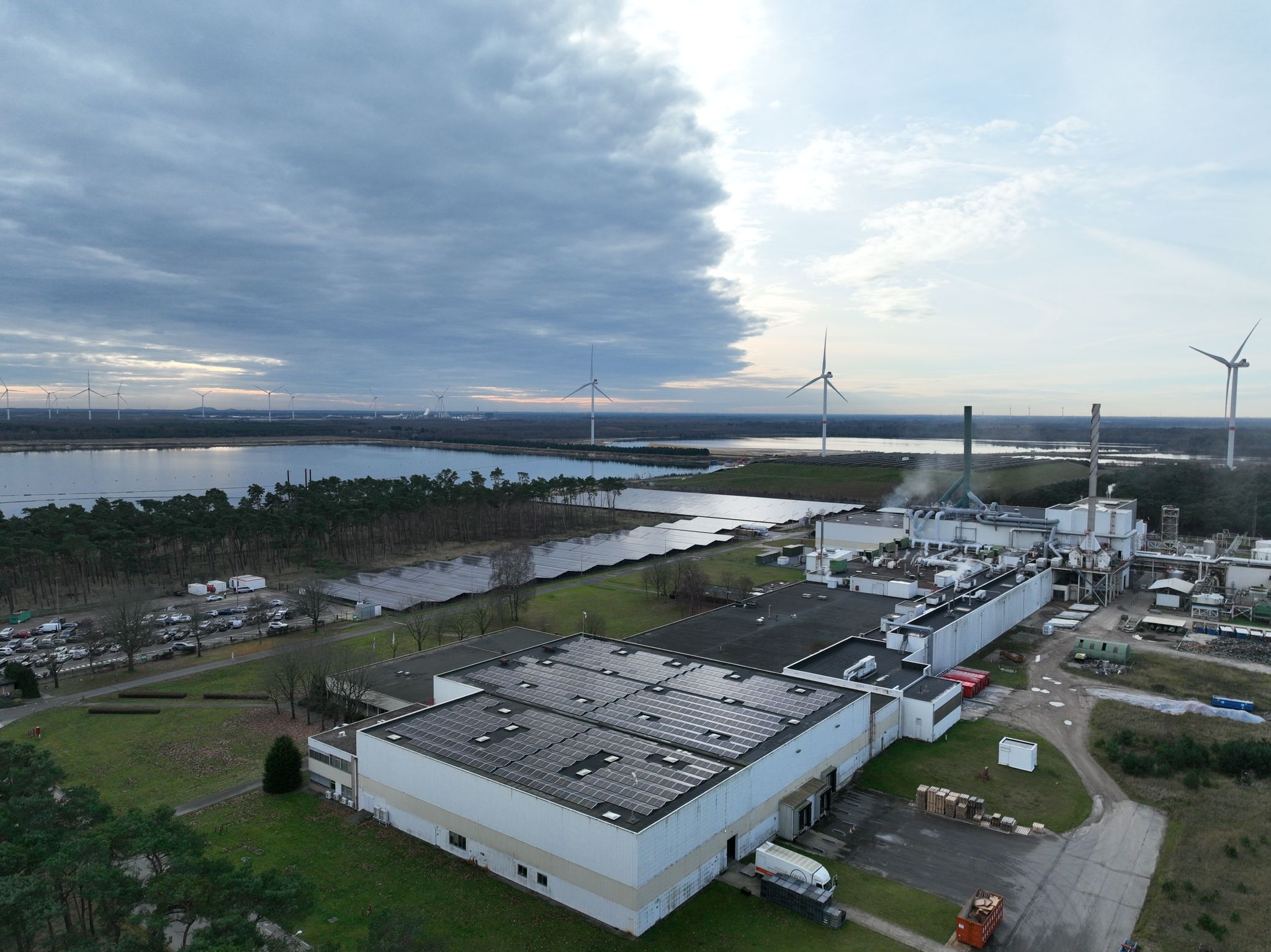 Industrial solar panels and energy infrastructure powering European factories